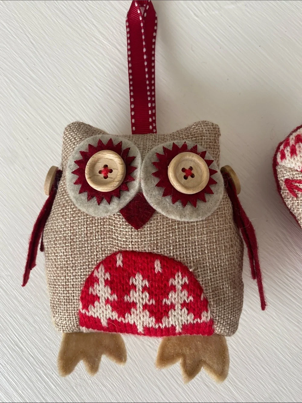 Set of 2 Rustic Burlap & Red Festive Owl and Heart Ornaments, Christmas Holiday